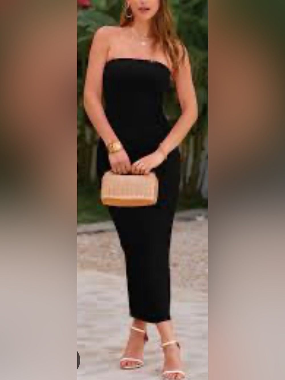 Elegant Strapless Black Dress with Neutral Clutch